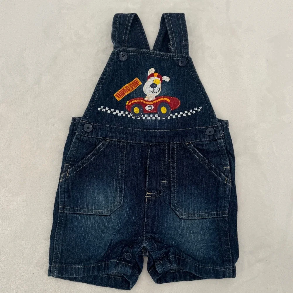 Fisher-Price Turbo Pup Denim Overalls Size 12M 2010 Race Car Graphic Shortalls